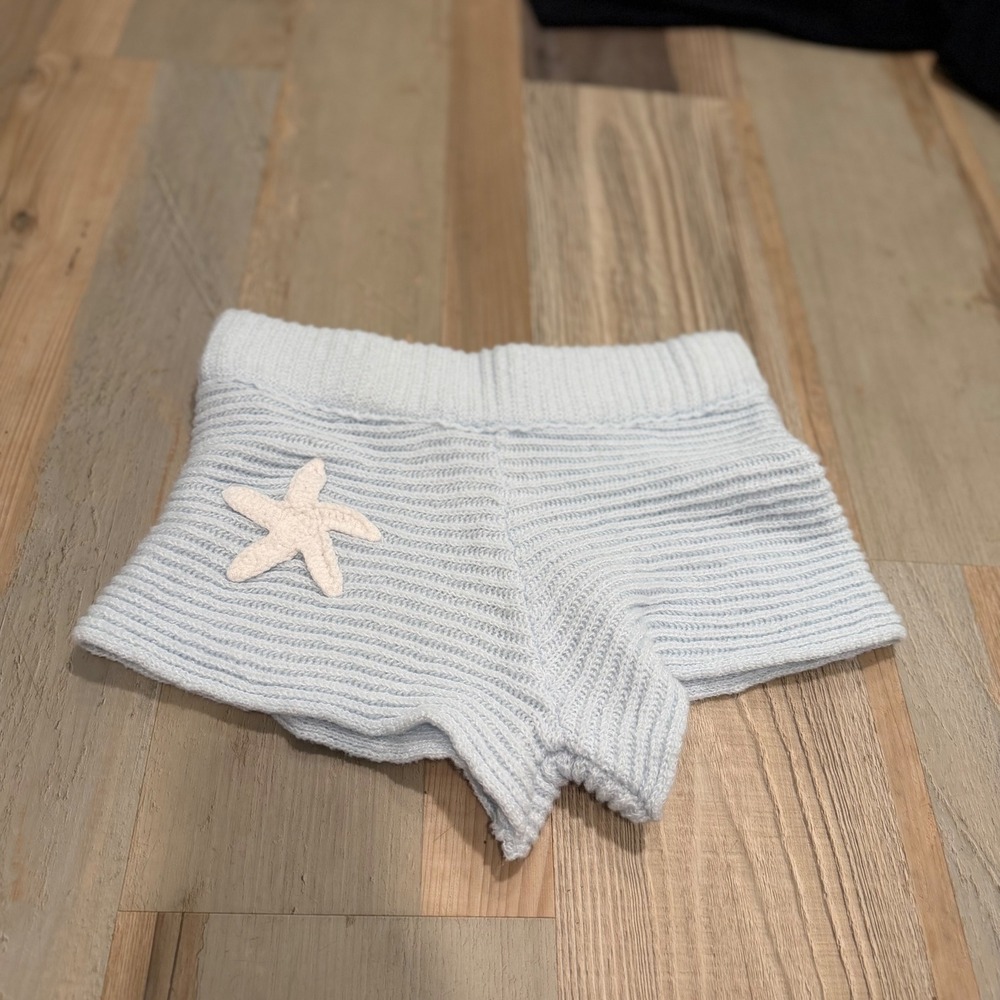 SHEIN Starfish Patch Ribbed Knit Shorts L Light Blue Beachy Lounge Pajamas